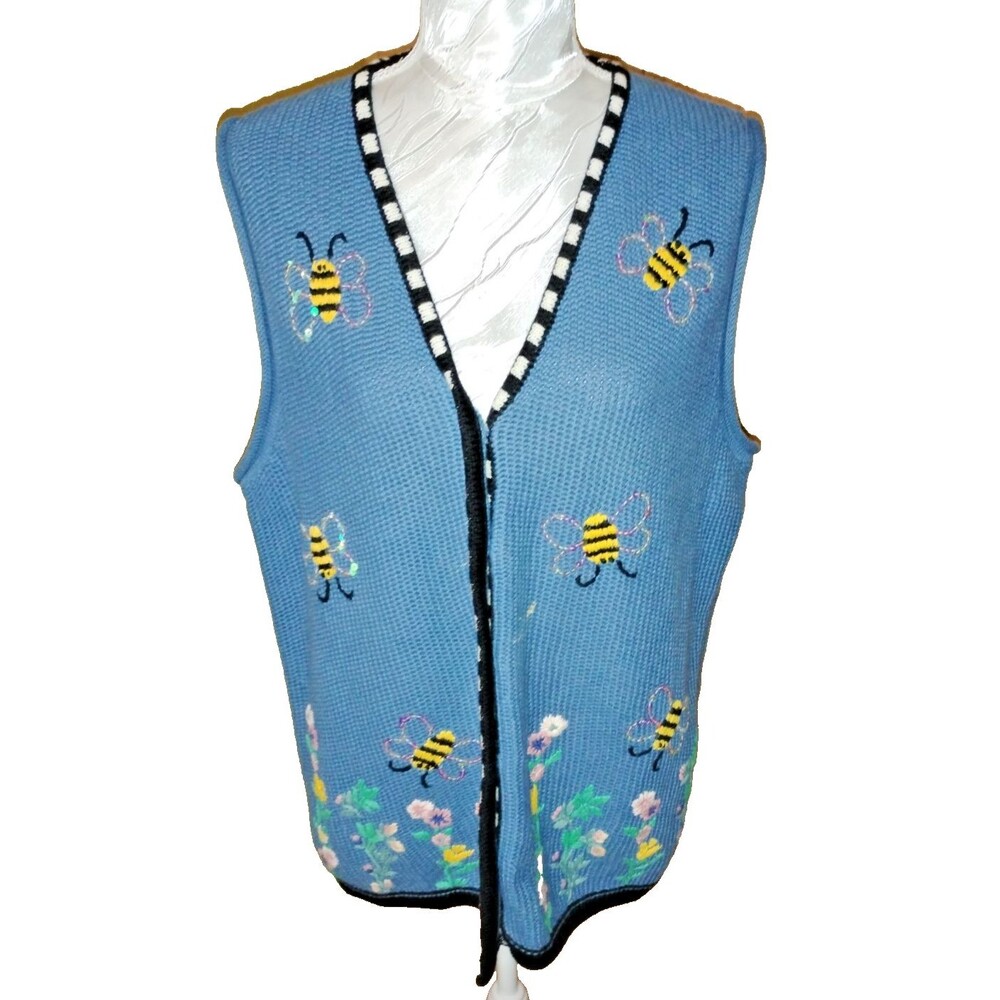 The Quacker Factory Sweater Vest Bumble Bee Blue Embroidered Floral Size L